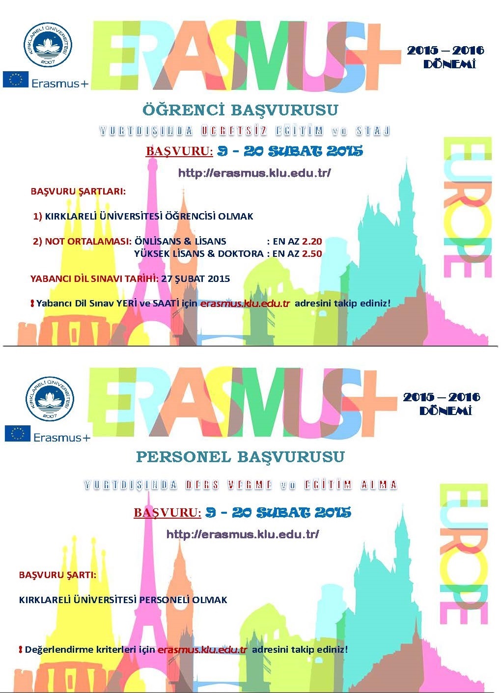 Erasmus 2015-2016 başvuruları